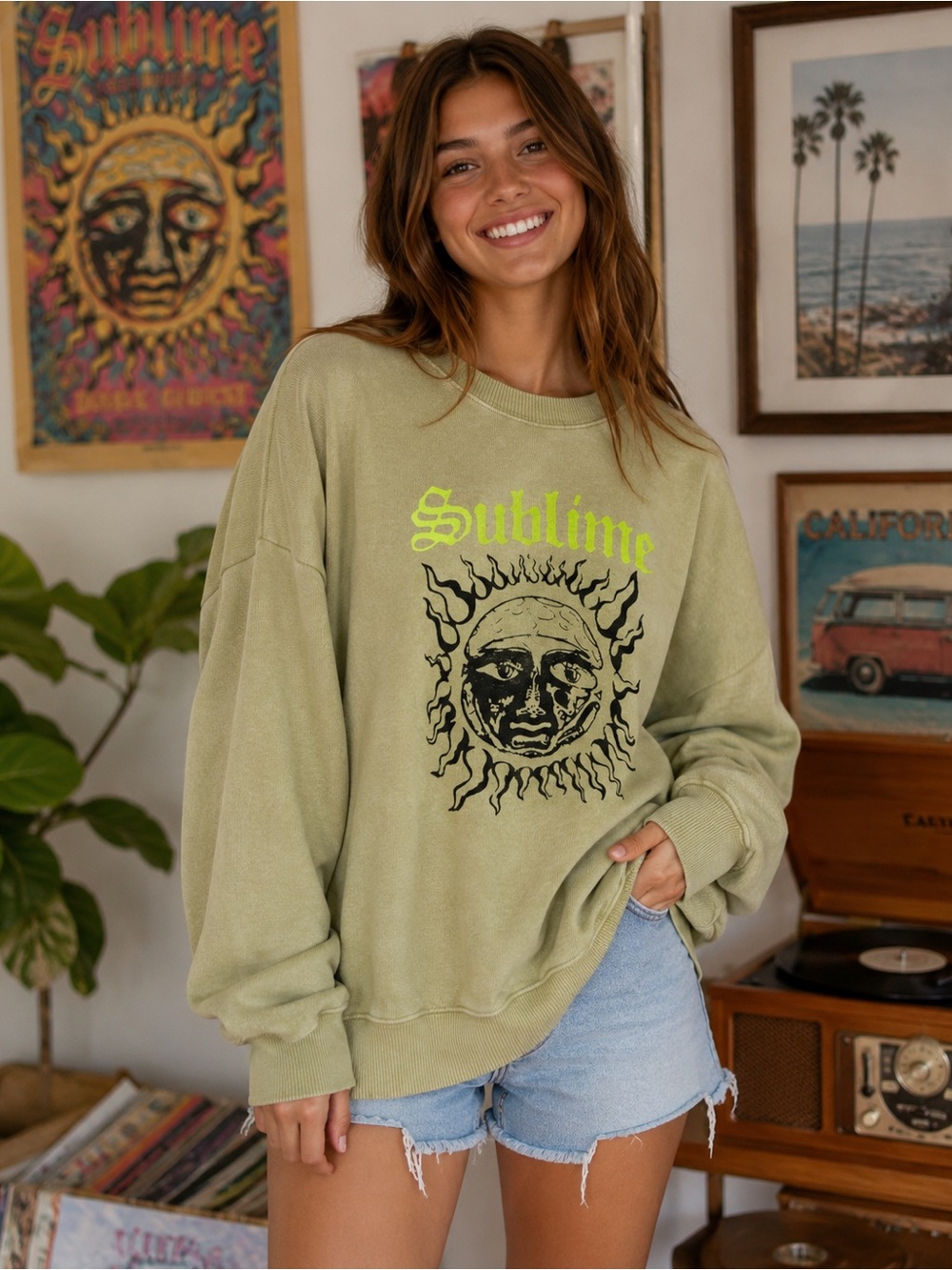 American Eagle Lime Green This Feels Seriously Lived In Sublime Band Crewneck S